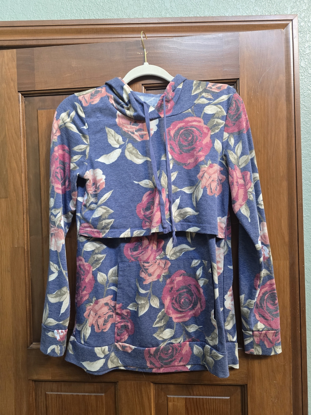 Latched Mama Blue Floral Hooded Pullover with Pink Rose Print